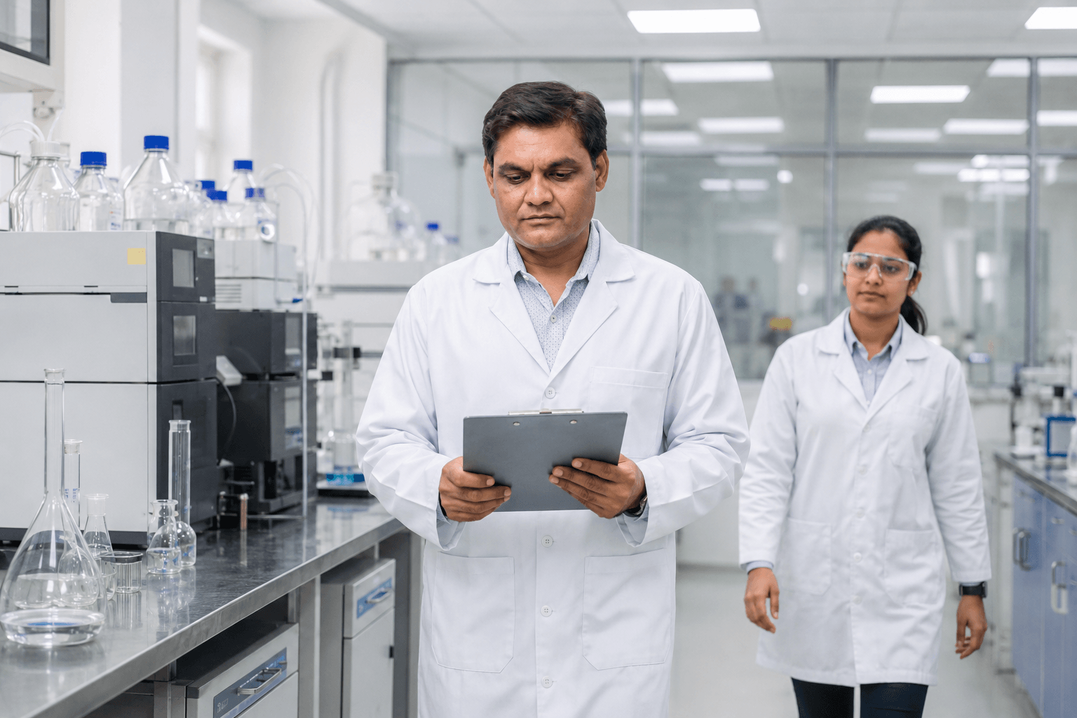 Kanti Madhani in the Laksh Finechem WHO-GMP quality-control laboratory at Vithal Udyognagar, Anand